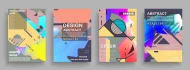 Bauhaus, Memphis ve hipster stili grafik geometrik elementlerle kaplanmış şablonlar. Pankartlar, broşürler, posterler, kapaklar ve afişler için uygulanabilir.