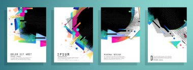 Grafik geometrik elementlerle kaplanmış şablonlar. Broşürler, posterler, kapaklar ve afişler için kullanılabilir. Vektör illüstrasyonları.