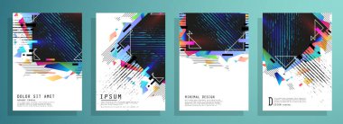 Grafik geometrik elementlerle kaplanmış şablonlar. Broşürler, posterler, kapaklar ve afişler için kullanılabilir. Vektör illüstrasyonları.