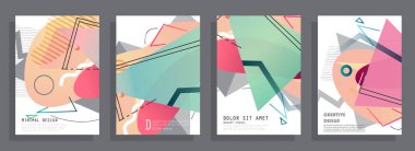 Grafik geometrik elementlerle kaplanmış şablonlar. Broşürler, posterler, kapaklar ve afişler için kullanılabilir. Vektör illüstrasyonları.