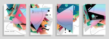 Grafik geometrik elementlerle kaplanmış şablonlar. Broşürler, posterler, kapaklar ve afişler için kullanılabilir. Vektör illüstrasyonları.