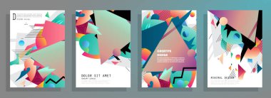 Grafik geometrik elementlerle kaplanmış şablonlar. Broşürler, posterler, kapaklar ve afişler için kullanılabilir. Vektör illüstrasyonları.