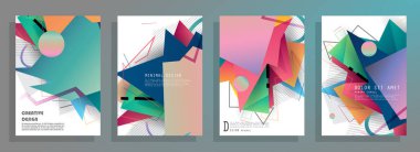 Grafik geometrik elementlerle kaplanmış şablonlar. Broşürler, posterler, kapaklar ve afişler için kullanılabilir. Vektör illüstrasyonları.