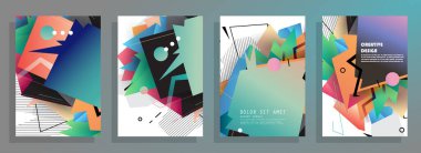 Grafik geometrik elementlerle kaplanmış şablonlar. Broşürler, posterler, kapaklar ve afişler için kullanılabilir. Vektör illüstrasyonları.
