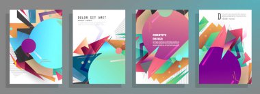 Grafik geometrik elementlerle kaplanmış şablonlar. Broşürler, posterler, kapaklar ve afişler için kullanılabilir. Vektör illüstrasyonları.