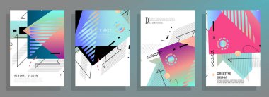Grafik geometrik elementlerle kaplanmış şablonlar. Broşürler, posterler, kapaklar ve afişler için kullanılabilir. Vektör illüstrasyonları.