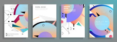 Grafik geometrik elementlerle kaplanmış şablonlar. Broşürler, posterler, kapaklar ve afişler için kullanılabilir. Vektör illüstrasyonları.