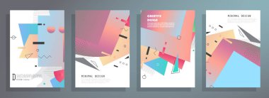 Grafik geometrik elementlerle kaplanmış şablonlar. Broşürler, posterler, kapaklar ve afişler için kullanılabilir. Vektör illüstrasyonları.