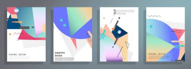 Grafik geometrik elementlerle kaplanmış şablonlar. Broşürler, posterler, kapaklar ve afişler için kullanılabilir. Vektör illüstrasyonları.