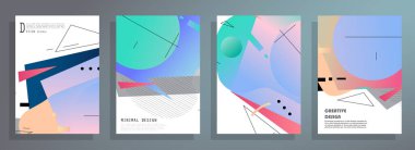 Grafik geometrik elementlerle kaplanmış şablonlar. Broşürler, posterler, kapaklar ve afişler için kullanılabilir. Vektör illüstrasyonları.