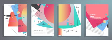 Grafik geometrik elementlerle kaplanmış şablonlar. Broşürler, posterler, kapaklar ve afişler için kullanılabilir. Vektör illüstrasyonları.