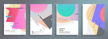 Grafik geometrik elementlerle kaplanmış şablonlar. Broşürler, posterler, kapaklar ve afişler için kullanılabilir. Vektör illüstrasyonları.