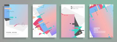 Grafik geometrik elementlerle kaplanmış şablonlar. Broşürler, posterler, kapaklar ve afişler için kullanılabilir. Vektör illüstrasyonları.