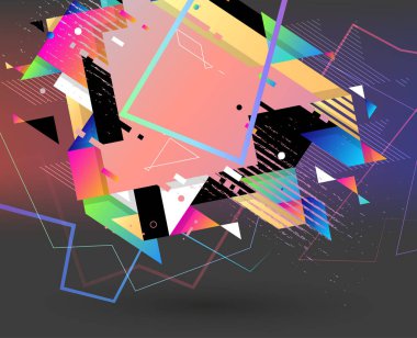 Çizgili üçgenler ve 3 boyutlu küp vektör tasarımlı soyut çokgen arkaplan. Farklı reklam, kapak ya da afişler için şablon. Retro biçimi grafik ögesi.