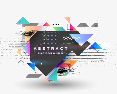 Çizgili üçgenler ve 3 boyutlu küp vektör tasarımlı soyut çokgen arkaplan. Farklı reklam, kapak ya da afişler için şablon. Retro biçimi grafik ögesi.