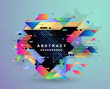 Çizgili üçgenler ve 3 boyutlu küp vektör tasarımlı soyut çokgen arkaplan. Farklı reklam, kapak ya da afişler için şablon. Retro biçimi grafik ögesi.