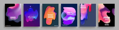 Modern soyut kapaklar seti, modern renkli dalga sıvı akış posteri. Cool gradient şekilleri bileşimi, vektör tasarımı kapsar.