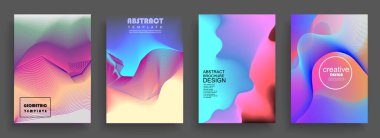 Modern soyut kapaklar seti, modern renkli dalga sıvı akış posteri. Cool gradient şekilleri bileşimi, vektör tasarımı kapsar.