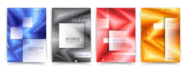 Grafik geometrik elementlerle kaplanmış şablonlar. Broşürler, posterler, kapaklar ve afişler için kullanılabilir. Vektör illüstrasyonları.