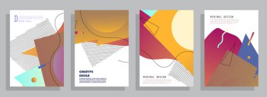 Soyut Renkli Memphis Sanat Arkaplanı seti. 80 'lerin memphis geometrik tarzı düz ve çizgi tasarım elementleri. Kapaklar, afişler, el ilanları ve posterler için geçmişe dönük sanat eserleri. Vektör illüstrasyonu