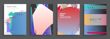 Soyut Renkli Memphis Sanat Arkaplanı seti. 80 'lerin memphis geometrik tarzı düz ve çizgi tasarım elementleri. Kapaklar, afişler, el ilanları ve posterler için geçmişe dönük sanat eserleri. Vektör illüstrasyonu