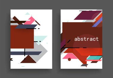 Grafik geometrik elementlerle kaplanmış şablonlar. Broşürler, posterler, kapaklar ve afişler için kullanılabilir. Vektör illüstrasyonları.