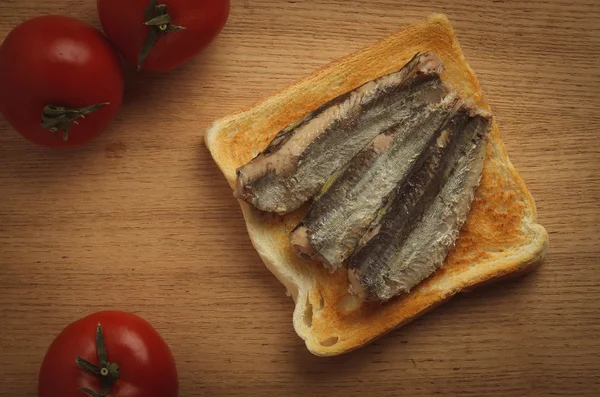 Konzervované sardinky na opečený plátek chleba — Stock fotografie