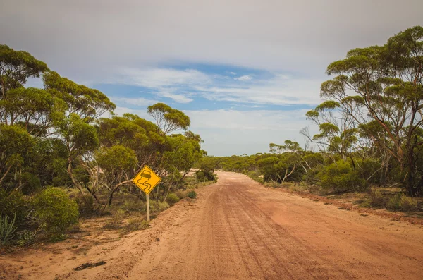 Sujeira australiana estrada outback eucalipto árvores aviso sinal — Fotografia de Stock