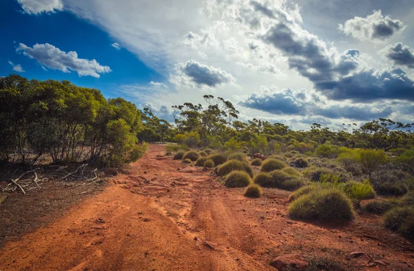 Curvy estrada terra vermelha sujeira outback australiano deserto rural sce — Fotografia de Stock