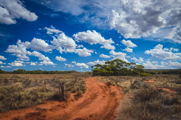 Curvy estrada terra vermelha sujeira outback australiano deserto rural sce — Fotografia de Stock