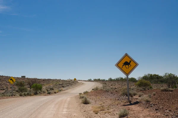 Gravel road and camel crossing warning sign — Stock Photo, Image