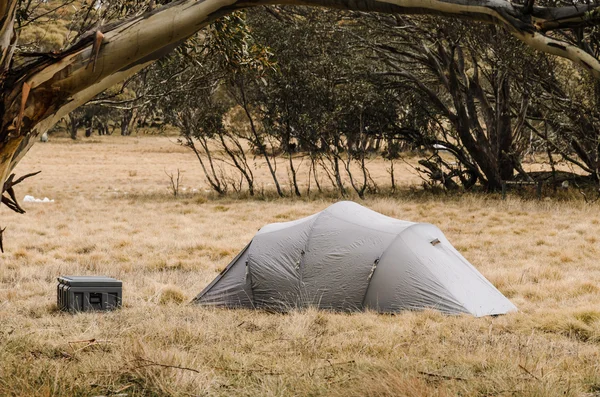 Grey camping tent and plastic box — Stock Photo, Image
