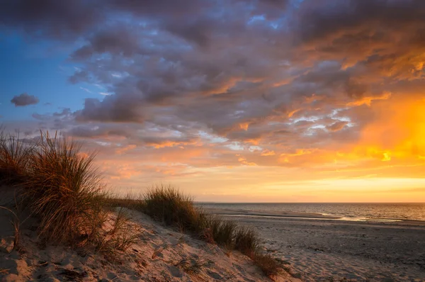 Drammatico tramonto in spiaggia attraverso le dune — Foto Stock