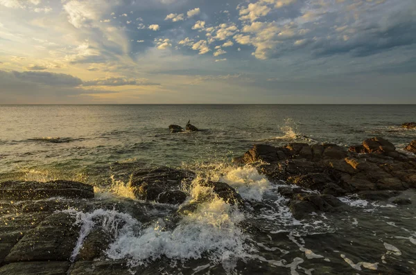 Onda espirra pedras rochas paisagem marinha ao pôr do sol — Fotografia de Stock