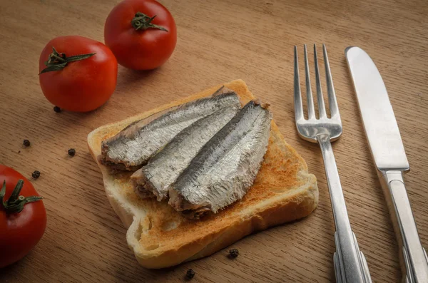 Konzerv szardínia pirított kenyér szelet — Stock Fotó