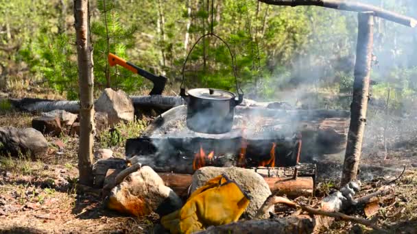 Panela de cozinha no fogo, bucha, ao ar livre — Vídeo de Stock