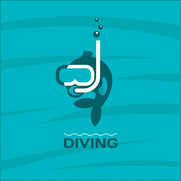 Diving. Fish diver mask with snorkel. Vector logo. — Stock Vector