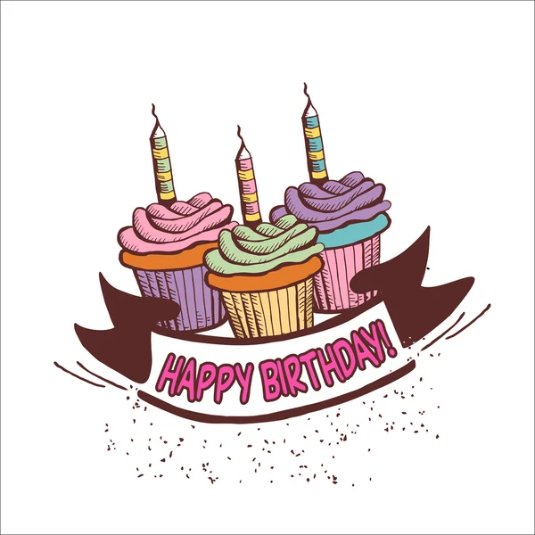 Feliz Cumpleaños. Postal vintage con tres cupcakes con vela — Vector de stock