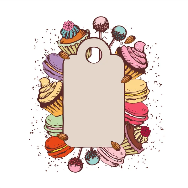 Vintage çerçeve farklı kek ile. Şablon, vektör illustratio