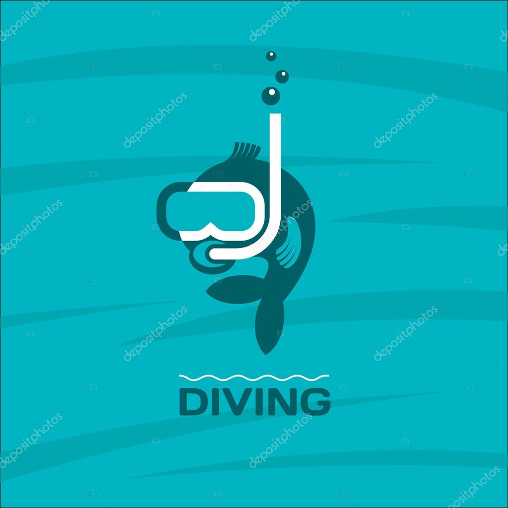Diving. Fish diver mask with snorkel. Vector logo.