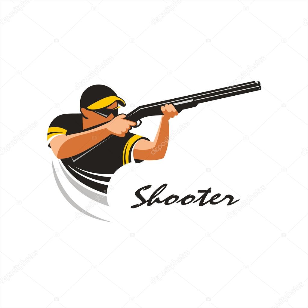 Shooter. Shooting from a gun on plates mark, logo. Vector Illust