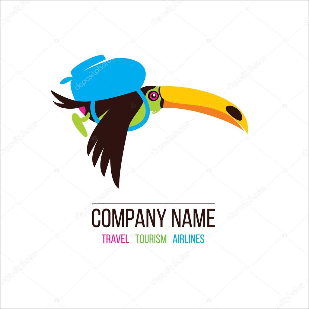 Toucan. Toucan flying on vacation with a backpack. Vector logo f