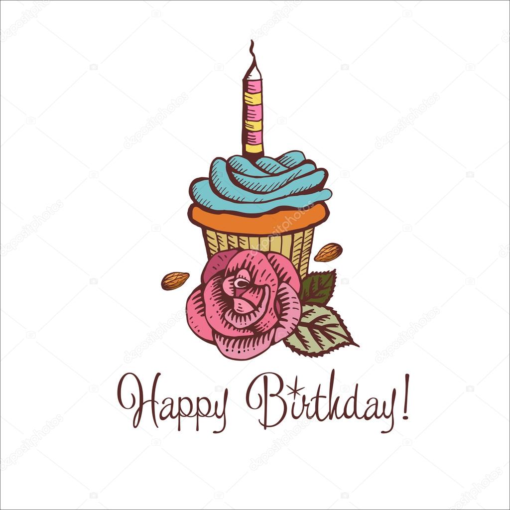 Happy birthday. Vintage vector illustration of cake with candle 