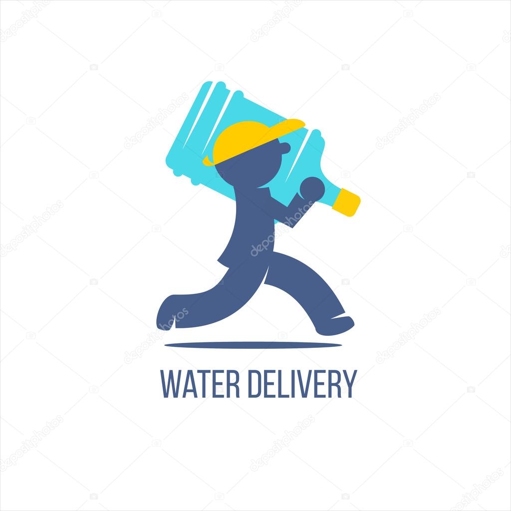 Water delivery service. Delivery man with big bottle on a should