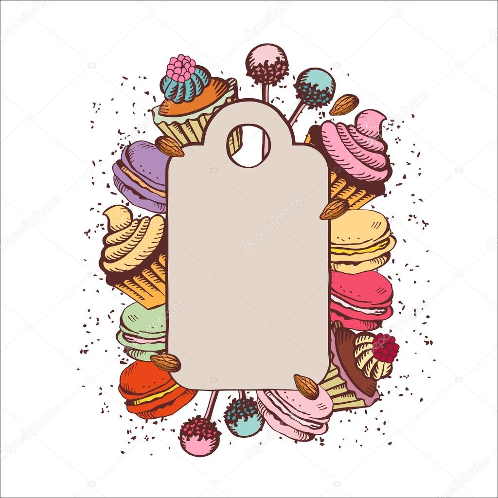 Vintage frame with different cakes. Template, vector illustratio