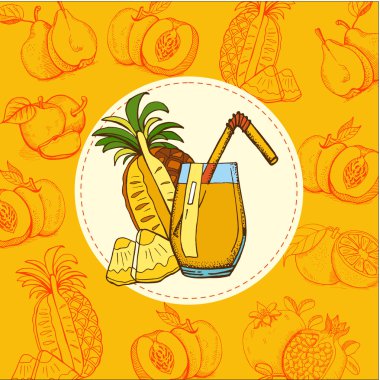  Ananas suyu. Vektör illüstrasyon. Meyve elle çizilmiş. Elle çizilmiş vektör illüstrasyonu