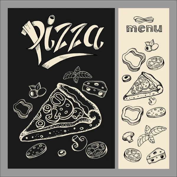 Pizza. Menyn. Pizza ritning med krita på svart tavla. Handritad vektor illustration — Stock vektor