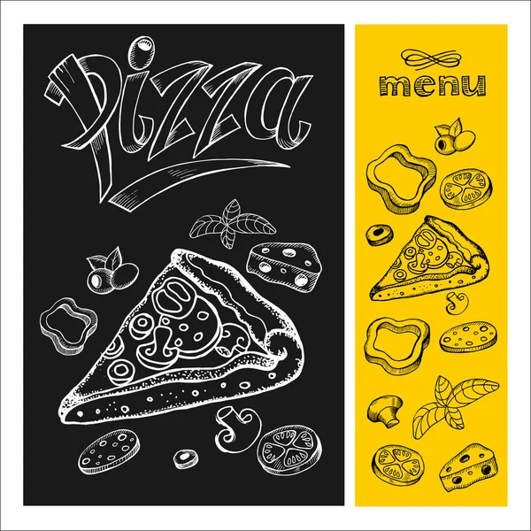 Pizza. Menü. Pizzazeichnung mit Kreide auf schwarzem Brett. Handgezeichnet. Vektorillustration — Stockvektor