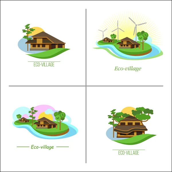 에코 빌리지 에코 하우스 4 개 세트. 벡터 로고입니다. 교외 부동산. 풍차. 브랜드 스타일 — 스톡 벡터