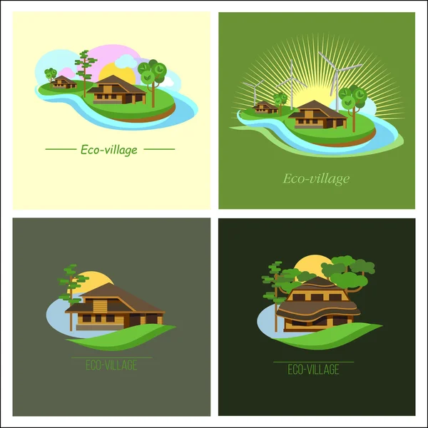 Ensemble de 4 logos vectoriels ECO-village ECO-house. . Immobilier de banlieue. Des éoliennes. Style de marque — Image vectorielle